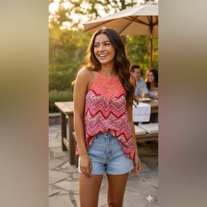 Nobo Tribal Cami women’s size 11/13 tank top coral red Spaghetti sleeveless @